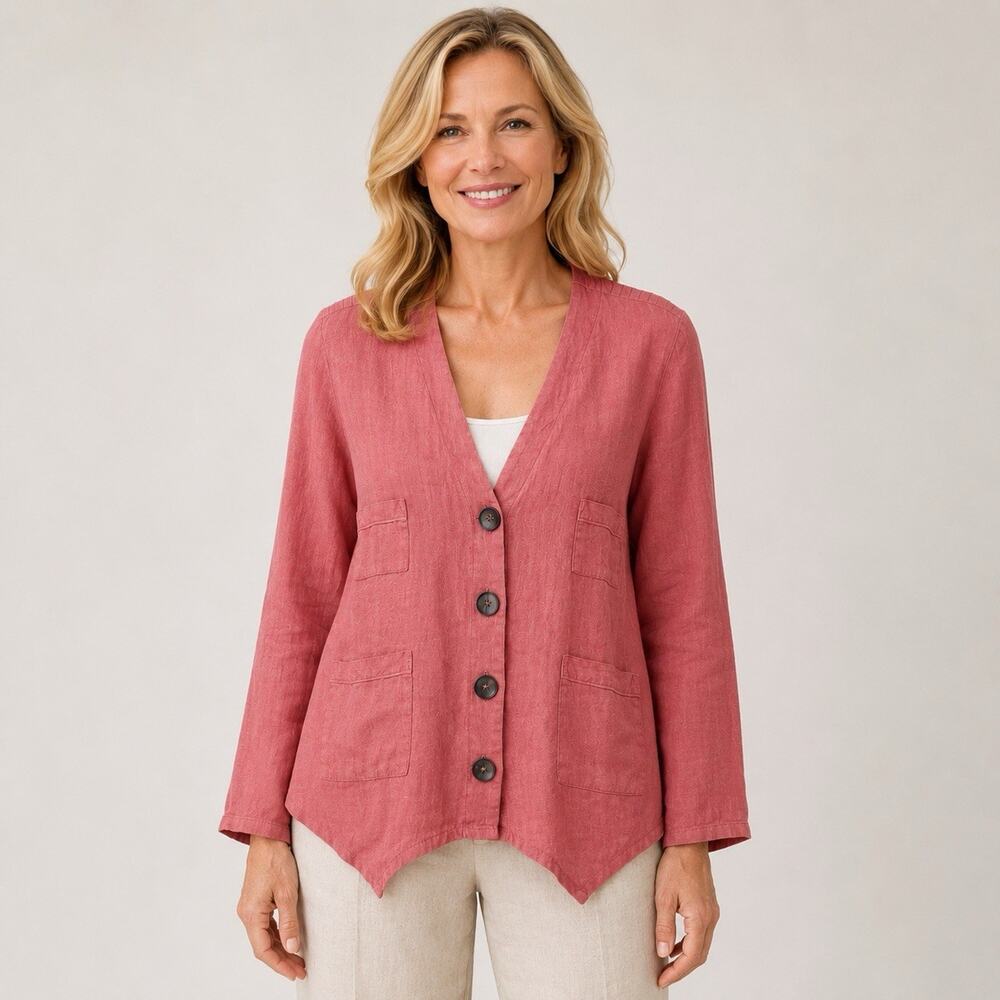 Fenini Linen V Neck Jacket Size Small Coral Pink Artsy Lagenlook Top